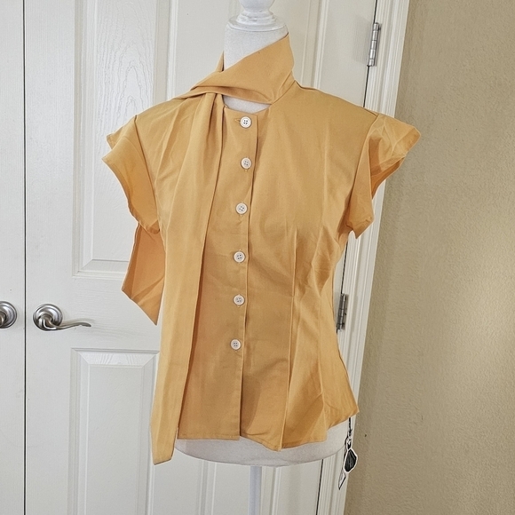 NWT Retro Stage Yellow Flutter Sleeve Princess Seam Button Down Bow Blouse Sz M - Picture 7 of 12